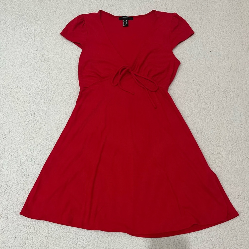 Cherry Red Babydoll Tie Front V-neck Dress